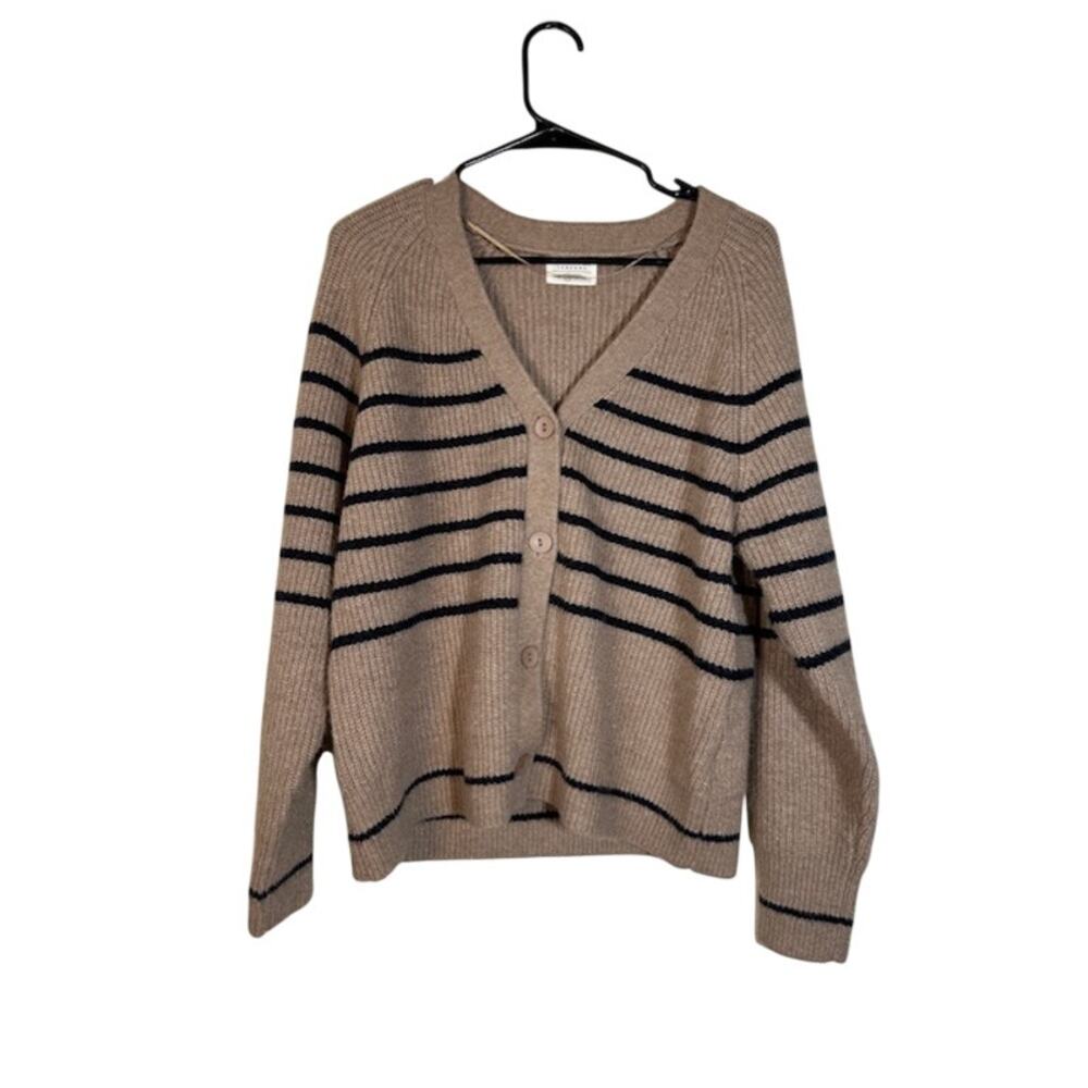 Uncharted Threads Beige Black Striped Knit Cardigan Sweater Women Sz M
